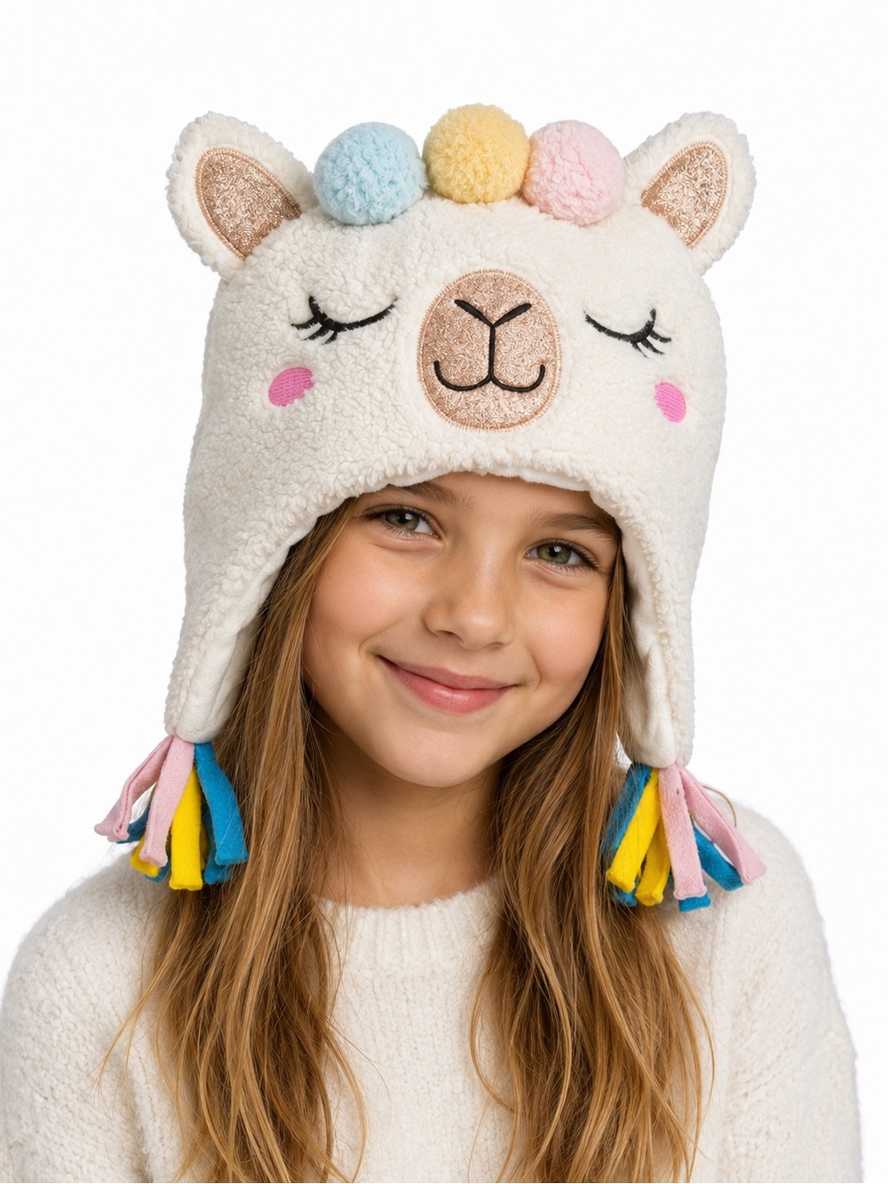 Girls Llama Sherpa Trapper Hat Pastel Pom Poms